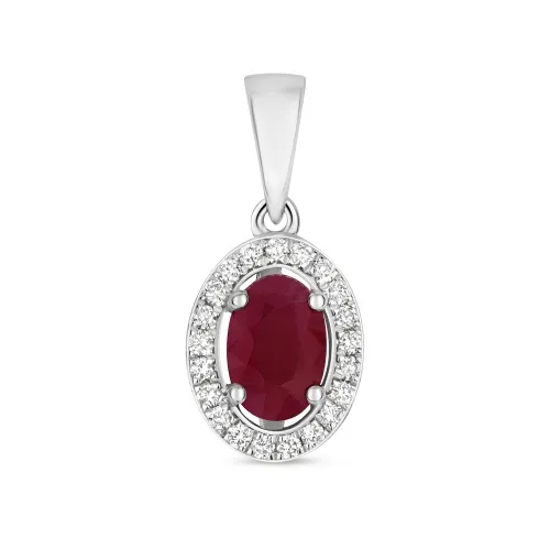 Diamond and Ruby Halo Pendant Oval 9ct White Gold